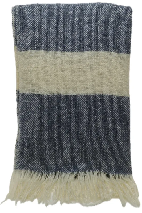 Oxford Blue & White Striped Brushed Wool Throw Blanket With White Fringe Trim