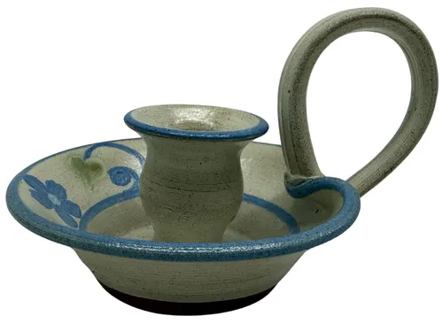 Painted Stoneware Taper Candle Holder With Handle