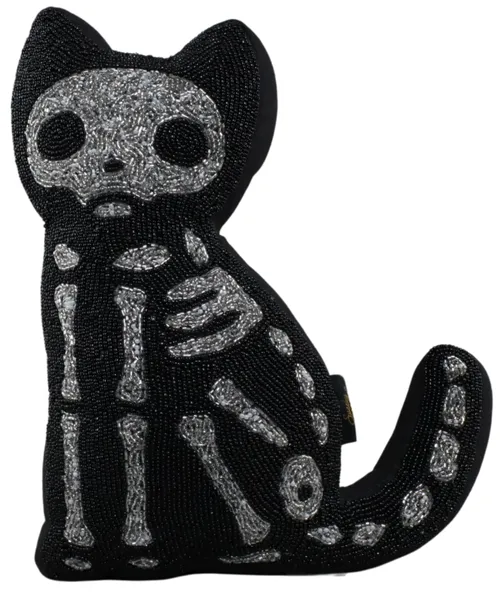 Black Skeleton Cat Beaded Throw Pillow