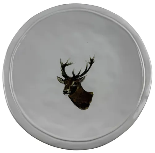 White Ceramic Dinner Plate With Deer Head Illustration