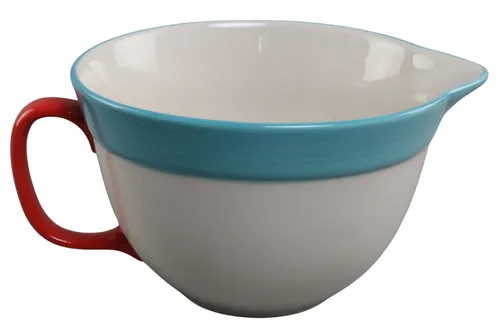 White Ceramic Mixing Bowl With Blue Stripe & Red Handle