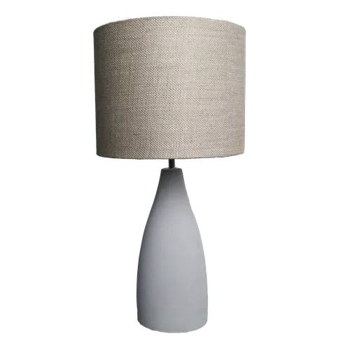 Tapered Matte Finish Grey Stone Table Lamp With Taupe Grasscloth Shade
