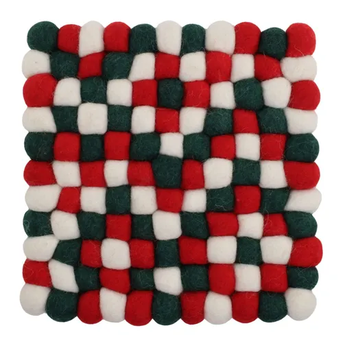 Red & White & Green Wool Pom Pom Trivet