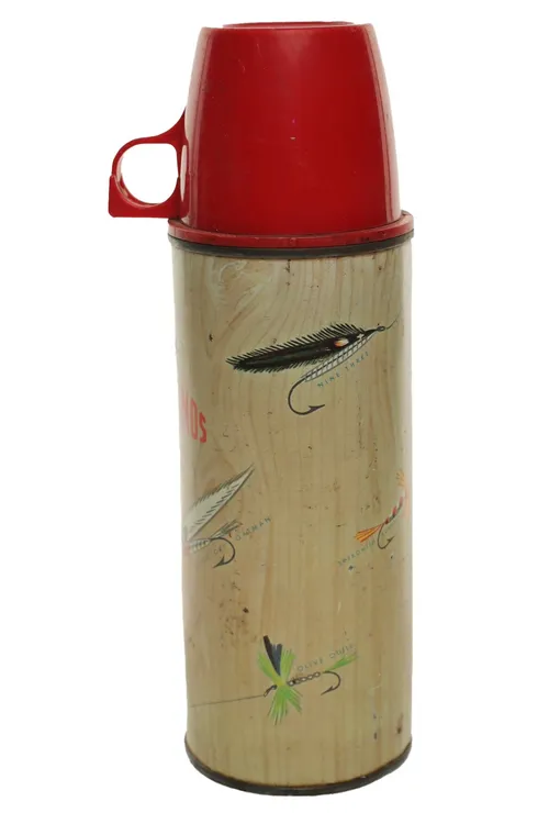Beige Fishing Lures Thermos With Red Lid