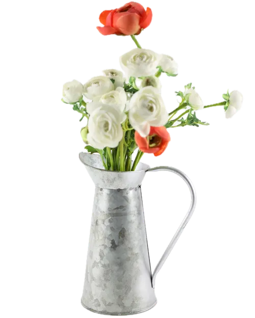 Artificial Orange & White Mini Peonies In Galvanized Pitcher