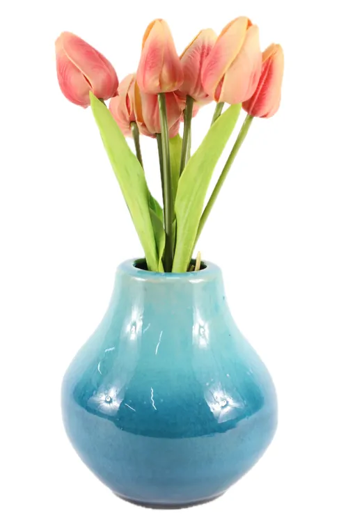 Artificial Peach Tulips In Gradient Teal Ceramic Vase