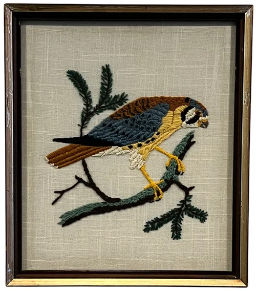 Embroidered Falcon In Wood Frame