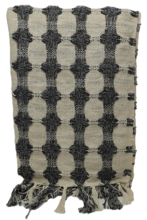 Beige & Grey Cross Pattern Throw Blanket With Tassel Fringe Trim