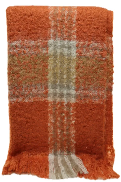 Soft Muted Orange Tartan Throw Blanket With Fringe Trim