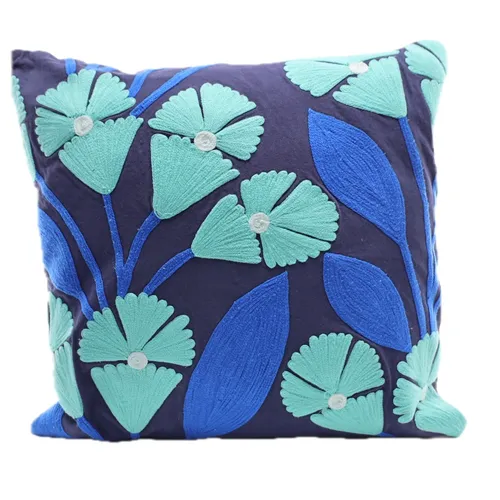 Blue & Turquoise Embroidered Flowers Throw Pillow