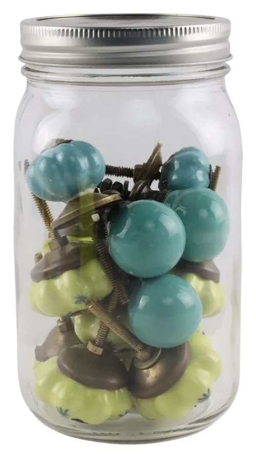 Clear Glass Jar with Teal & Yellow Drawer Knobs