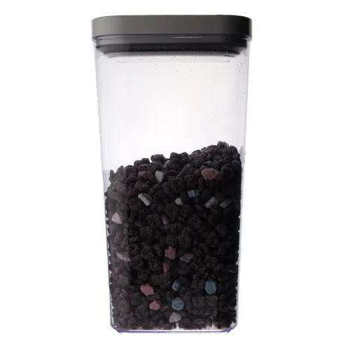 Clear Rectangular Low Profile Pop Top Storage Container With White Lid Containing Cereal