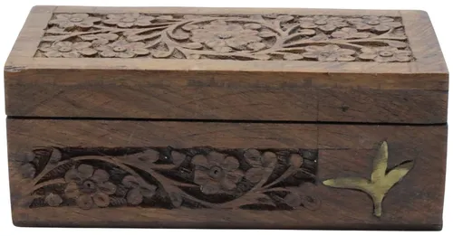 Wood Carved Floral Box With Brass Inlay