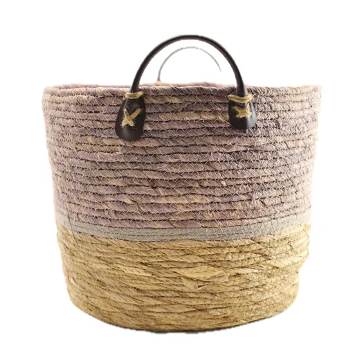 Mauve Natural Grass Basket With Leather Handles