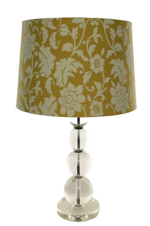 Crystal Stacked Balls Table Lamp With Mustard Yellow Flocked Floral Tapered Shade