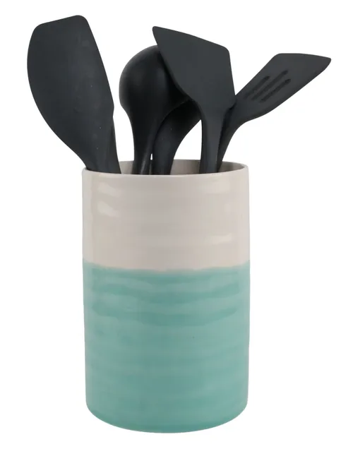 White & Turquoise Ceramic Utensil With 7 Utensils