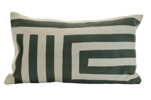 White & Chive Green Embroidered Modern Pattern Throw Pillow