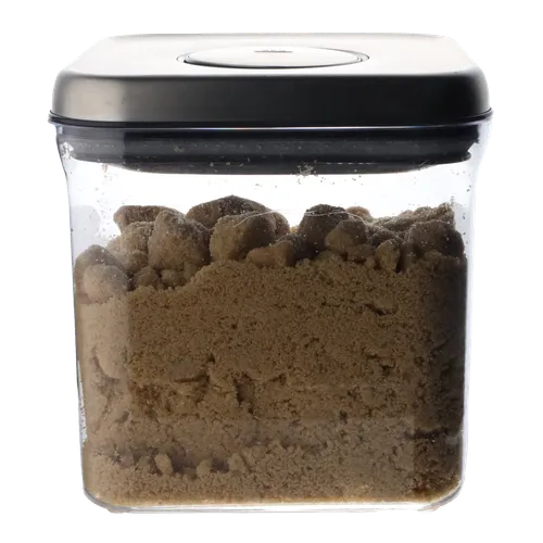 Clear Square  Pop Top Storage Container With Brushed Metal Lid Containing Brown Sugar
