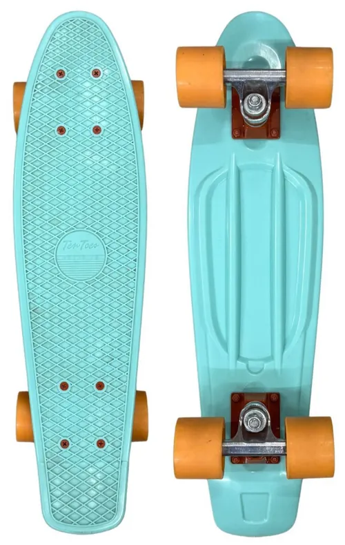 Turquoise Skateboard With Orange Trucks