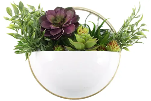 Artificial Succulent Plants In White & Gold Half Moon Wall Sconce