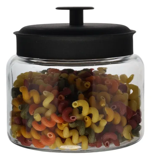 Clear Glass Canister With Black Lid Containing Colourful Pasta