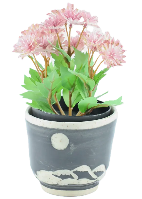 Artificial Tiny Pink Chrysanthemum's In Black Ceramic Pot