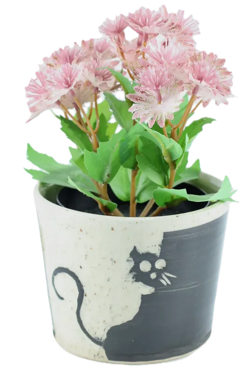 Artificial Pink Tiny Chrysanthemum's In Black / White Cat Ceramic Pot