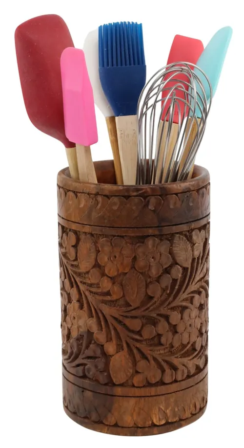 Carved Wood Utensil Holder With 7 Utensils