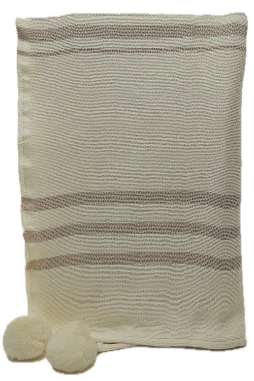 Cream With Taupe Stripes Knit Throw Blanket With Pom Pom Corners