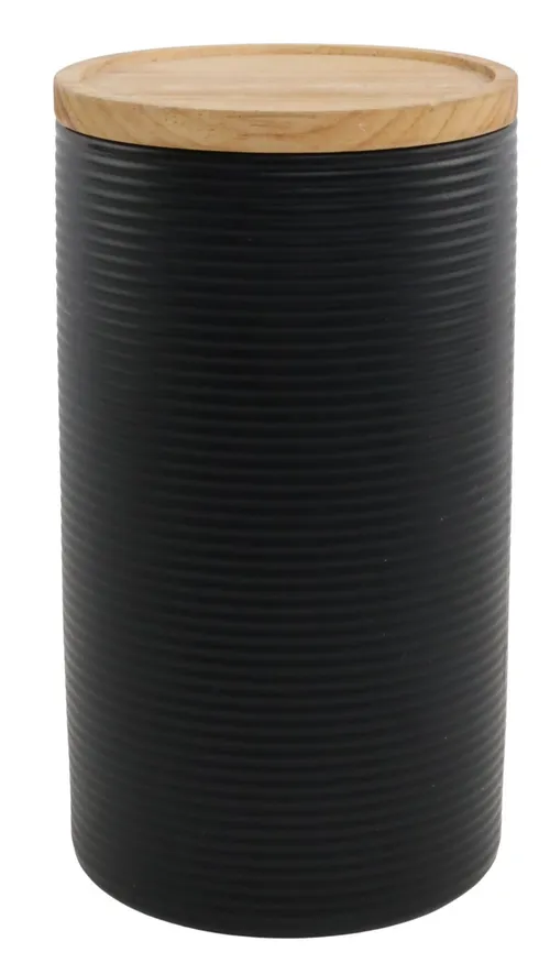 Matte Black Ribbed Ceramic Canister With Light Wood Lid