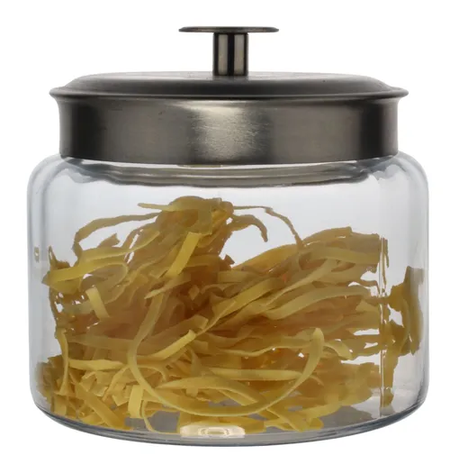 Clear Glass Canister With Silver Lid Containing Pasta