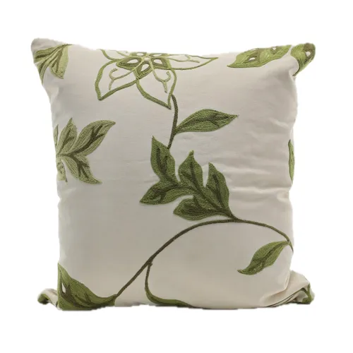Green Embroidered Vines On White Throw Pillow