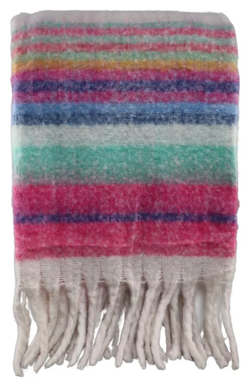 Brushed Wool Multicolour Stripe Throw Blanket With Fringe