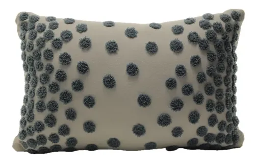White & Pale Blue Pom Pom Throw Pillow