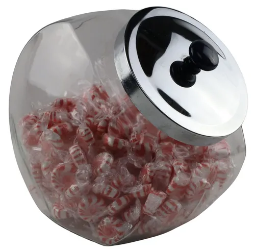 Clear Glass Gallon Penny Jar With Crome Lid & Blue Knob Containing Swirl Candy