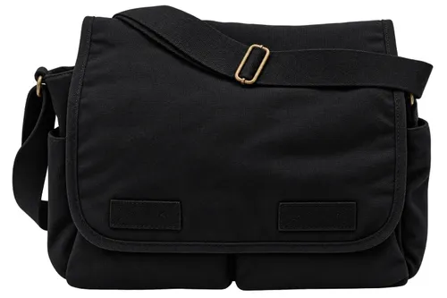 Fold-over Flap Black Canvas Messenger Bag