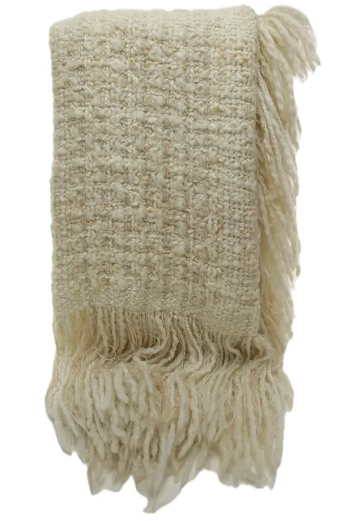 Light Oatmeal & Cream Nubbly Throw Blanket With Fringe Trim