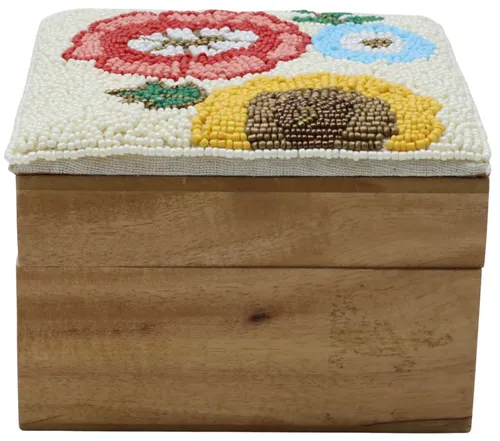 Wood Box With Beaded Flowers