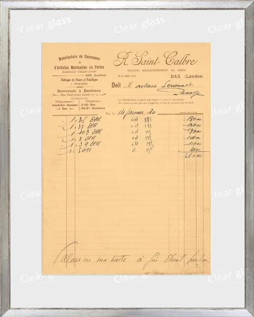 Vintage French Receipt On Yellow Paper With Silver Frame