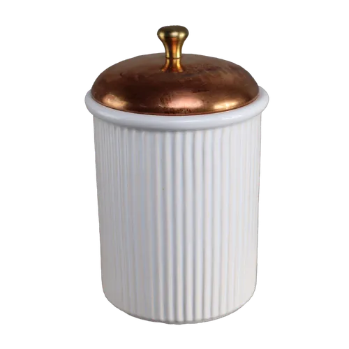 White Vertical Line Ceramic Canister With Copper Lid - Medium
