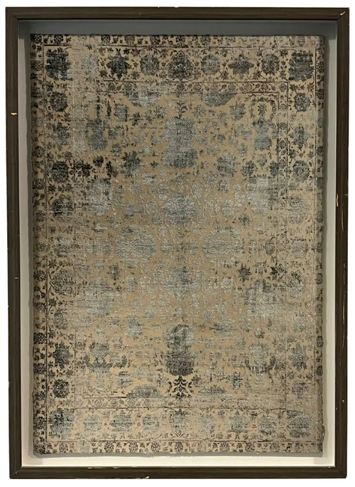 Cream & Blue Textile In Silver Shadowbox Frame