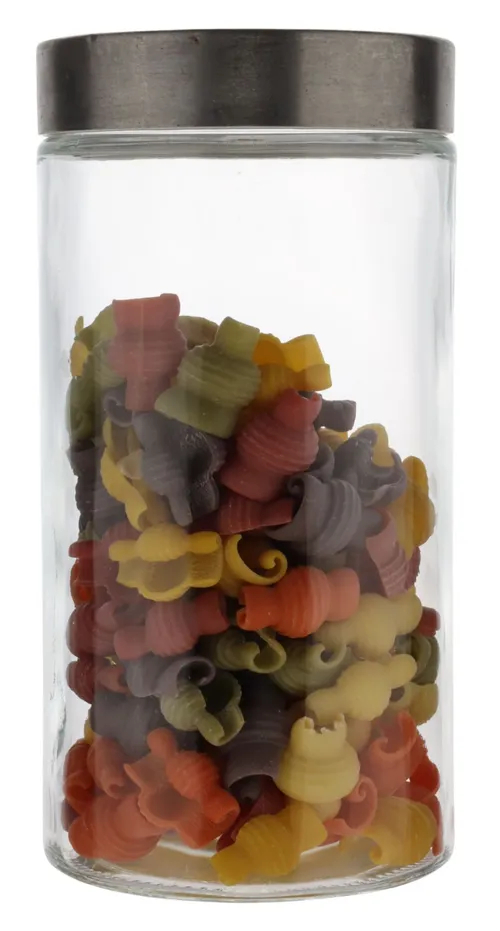 Clear Glass Canister With Silver Lid Containing Colourful Pasta