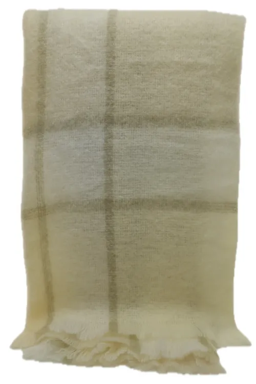 Cream & White & Taupe Brushed Wool Tartan Throw Blanket With Fringe Trim