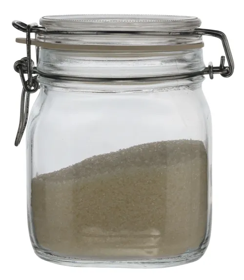 Clear Glass Canister With Hinged Lid With Sugar