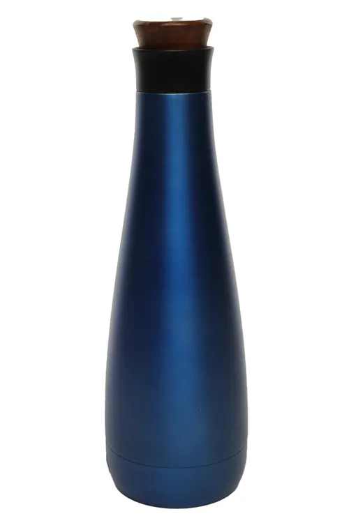 Brushed Blue Metal Water Bottle With Wood Lid
