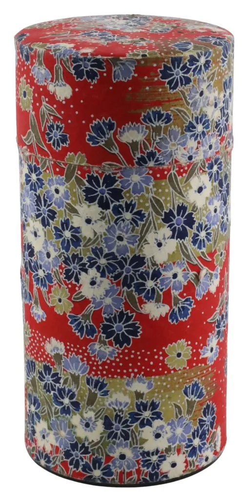 Red Floral Pattern On Japanese Paper Tin Canister