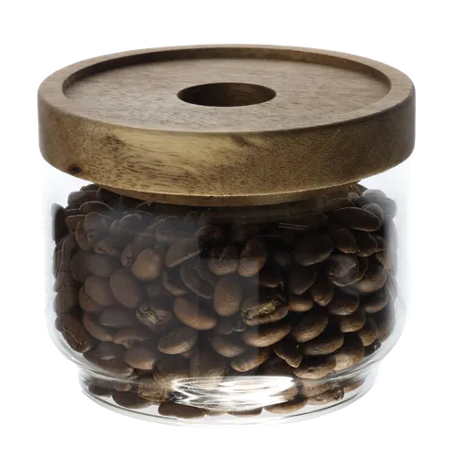 Clear Glass Canister With Walnut Lid Containing Coffee Beans