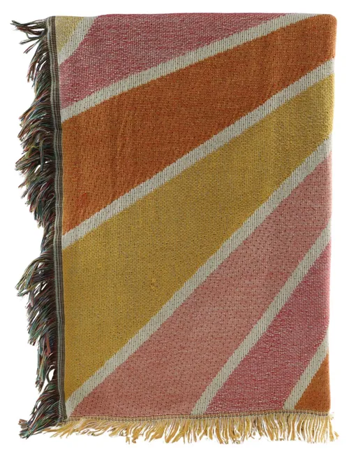 Orange & Yellow  & Pink Knit Patterned Throw Blanket With Blue & Green Patterned Reverse