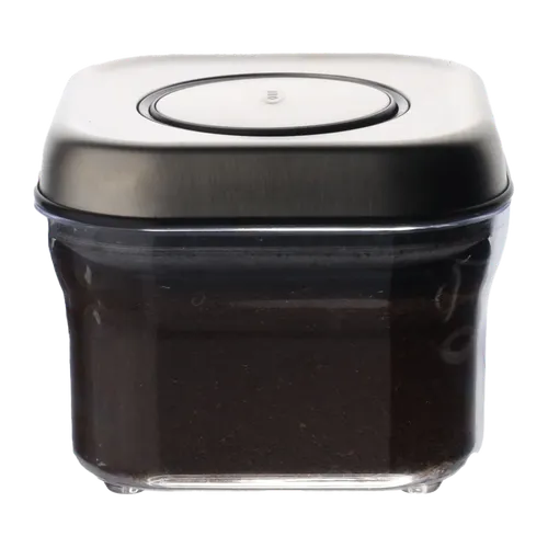 Clear Square  Pop Top Storage Container With Brushed Metal Lid Containing Coffee