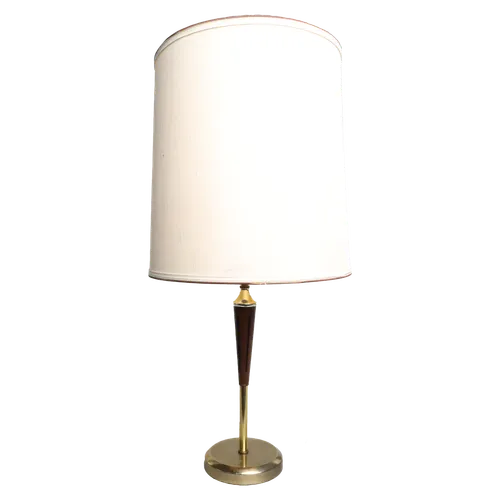 Vintage Tall Table Lamp In Gold & Wood With Beige Shade